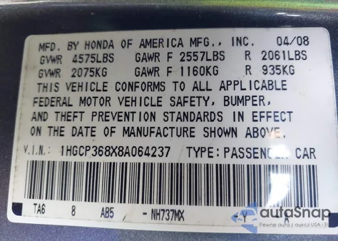 2008 Honda Accord 3.5 Ex-L from USA, damaged, VIN 1HGCP368X8A064237